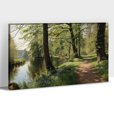 Large Scenic Forster - Forest Canvas Landscape Pictures Decor with Premium Frame, Reflective Stream and Woodland Path for Bedroom or Living Room, Gallery-Grade Wrapped Canvas Artwork , 32×48 inches