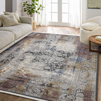Tapis oriental gris à imprimé numérique tissé antidérapant lavable à la machine
