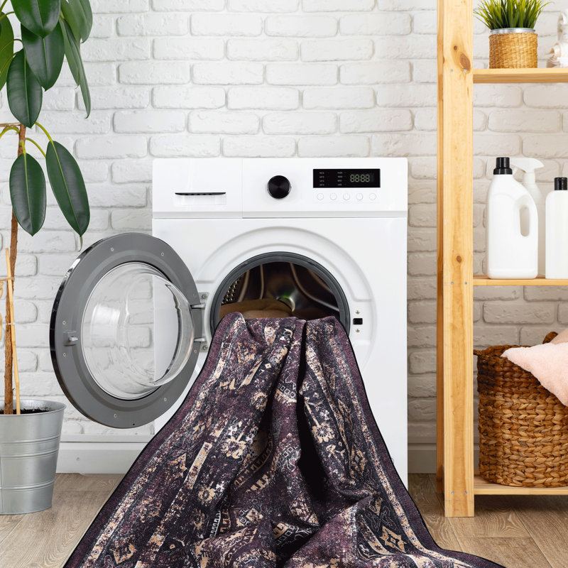 Machine Washable Area Rug 5x8 - Non-slip, Low-pile Bedroom, Living Room, Kitchen, Dining Room Floor Cover Pet & Black+burgundy Non-shedding, Decoration