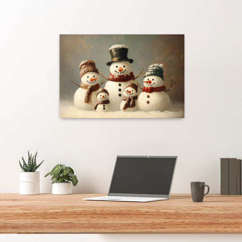 «Snowman Family Portrait», impression d'art mural fantaisiste rustique traditionnel, 16" H x 24" W