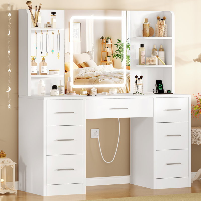 Table de coiffeuse avec miroir, prise de courant et 7 tiroirs, bureau de coiffeuse avec 4 tablettes et 5 crochets à bijoux, coiffeuse pour chambre à coucher, blanc