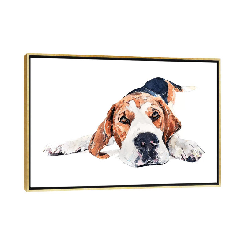 « Beagle Play Time » par Edwatercolours-impression, Pas de tapis, H 18 po x l 26 po x P 1,5 po, Toile encadrée d'or