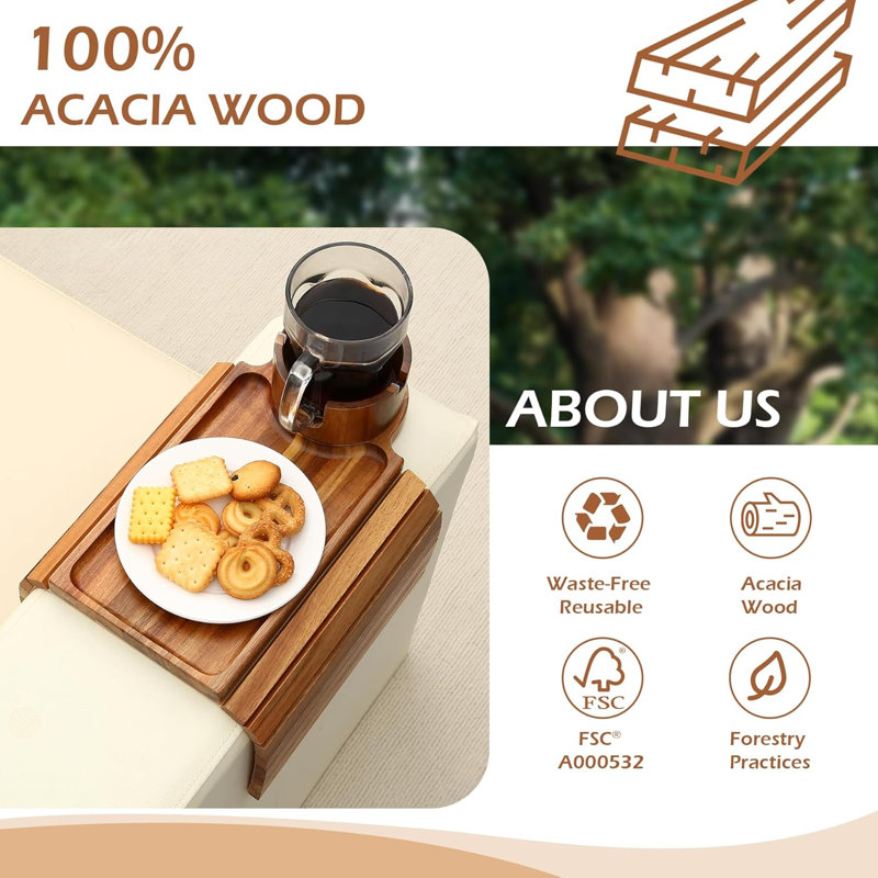 Plateau porte-gobelet pour canapé, table avec accoudoirs en bois d'acacia et support pour téléphone à 360 °, Brun