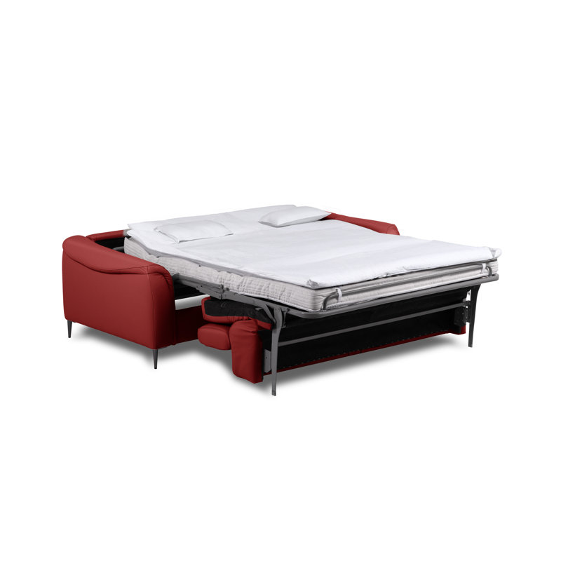 Genuine Leather 2 Seater Sofa Bed with Mattress with Adjustable Headrests Venezia, Red