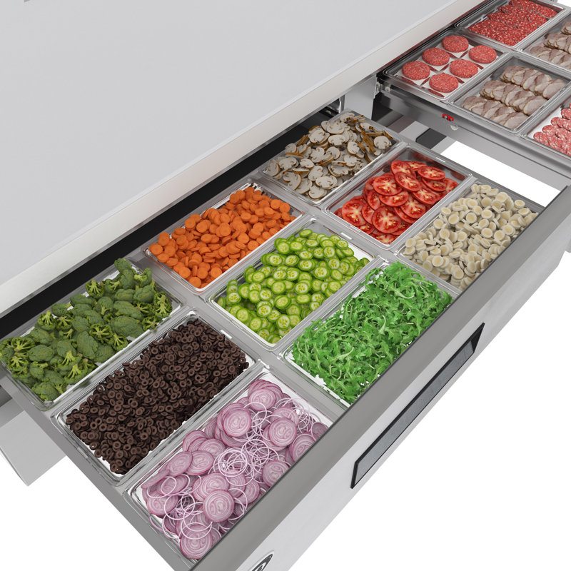 84 in. Commercial Chef Base Refrigerator Storage Cabinet for Cold Foods, Fresh Ingredients, and Condiments, Refrigerated Pull-Out Drawers, Rolling Caster Wheels, ETL Listed