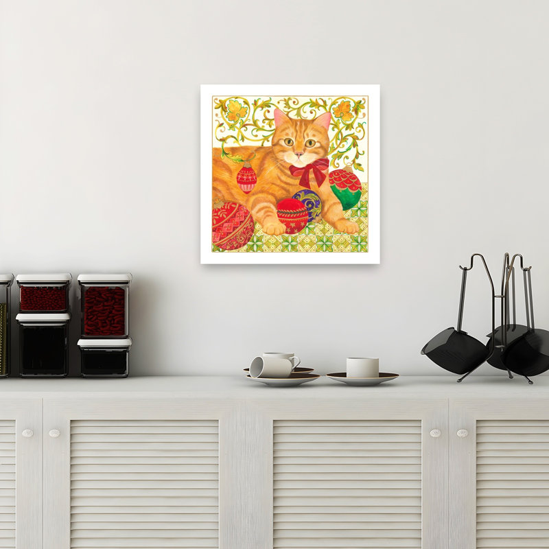 Festive Ginger Cat Classic Playful Whimsical Cat Wall Art Print 1 Piece Wrapped Canvas Wall Art, 45.72cm H x 45.72cm W