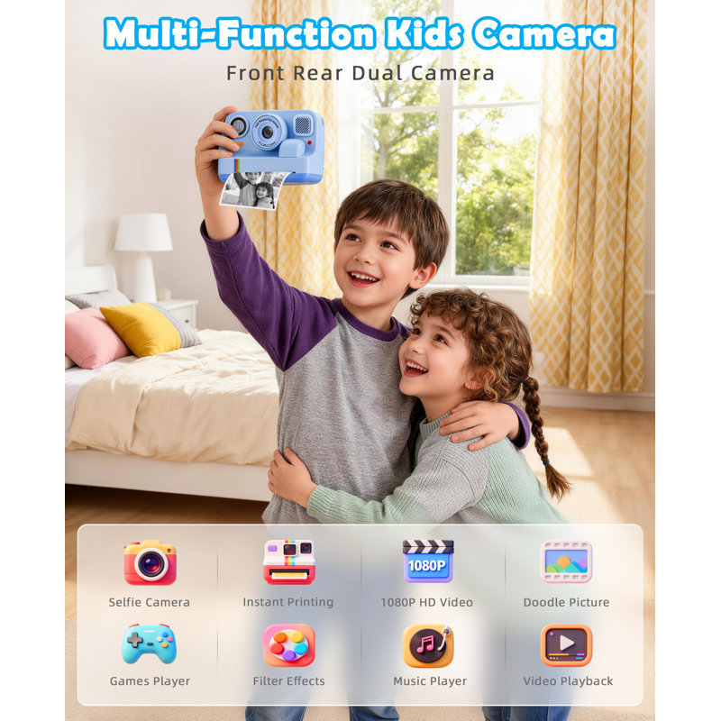 Kids Instant Print Camera 48MP with 16X Zoom, 1080P HD Video, Bluetooth, Dual Lens, 32GB Card & 4 Print Rolls
