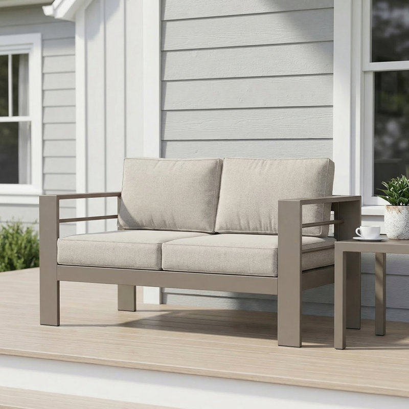 Patio Furniture Metal Loveseat, Light Coffee Frame/Light Gray Cushion