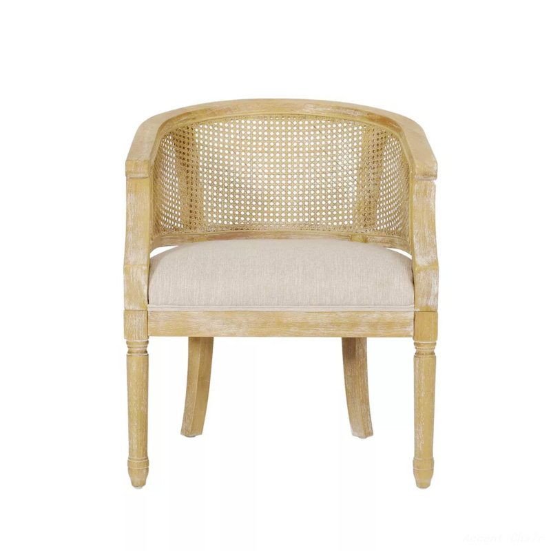 Wood And Cane Accent Chair, Beige Fabric