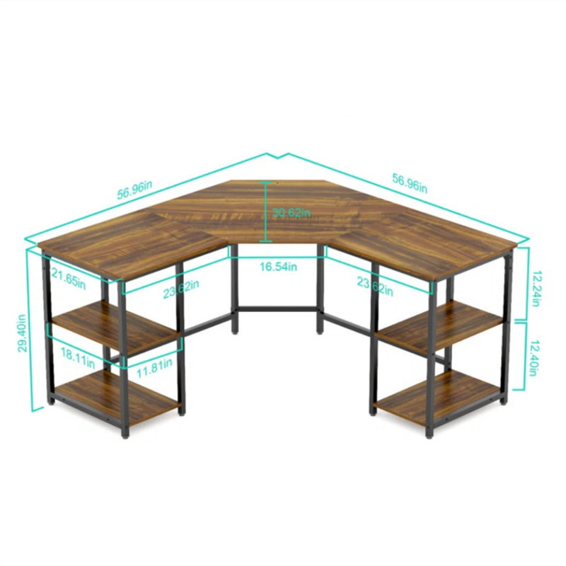 56.9" L Shaped Desk with Shelves Corner Computer Desk Large Table, Teak/Black