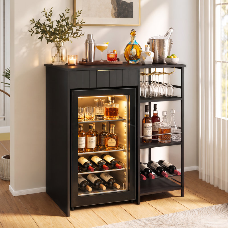 Meuble-bar avec espace mini-réfrigérateur, rangement pour bouteilles et bouteilles avec tiroir pour cuisine ou salon