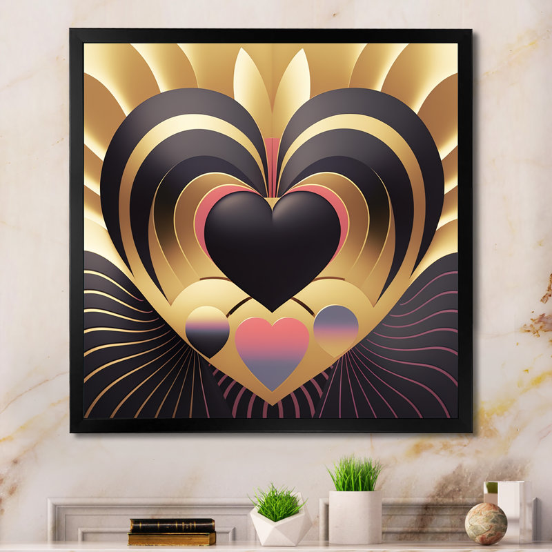 «Black and Gold Radiant Shining Heart II», reproduction sur toile, L 16 po x H 16 po, Impression noire sur toile encadrée