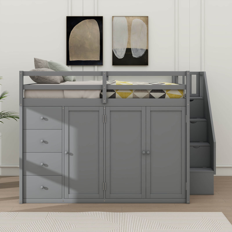 Full Size Wooden Loft Bed Equipped With Built-In Closets, Various Storage Compartments And Drawers For Bedroom, Gray