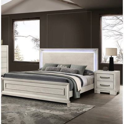 Grand lit de style élégant avec lumières de tête de lit à DEL, finition blanc antique, panneau de particules, bois d'hévéa et contreplaqué, lumières de mobilier de chambre à coucher sur la tête de lit, enchantement
