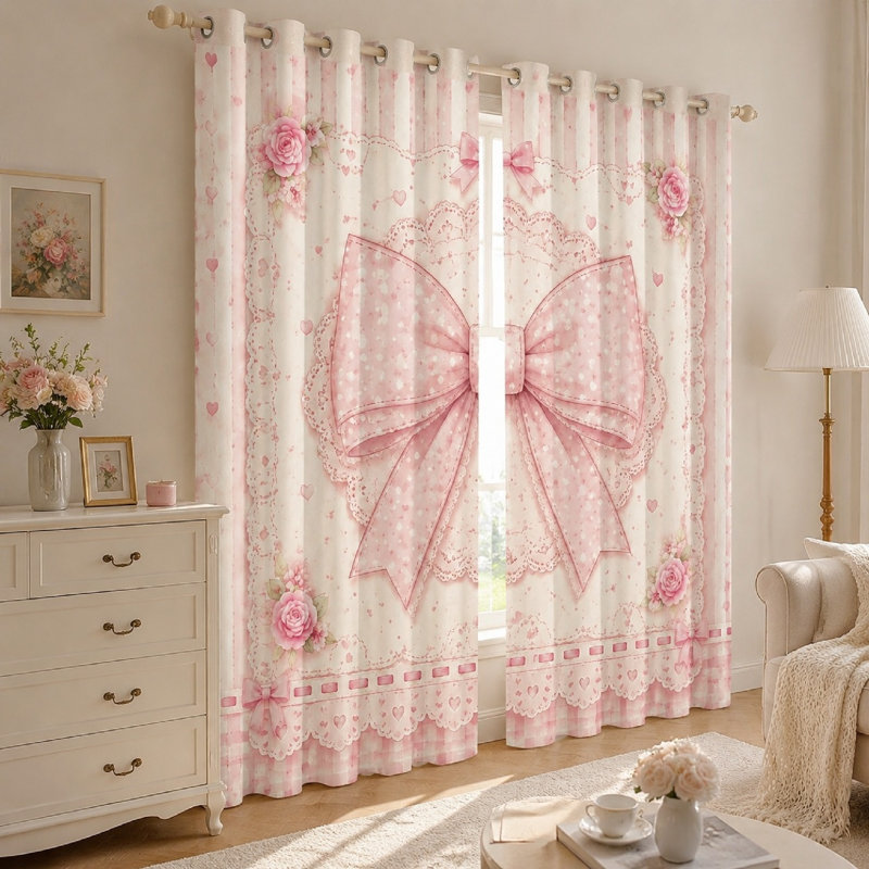 2 pièces de rideaux à motif d'arc rose, style mignon et doux, utilisation de la pièce, impression d'anneaux décoratifs, Kawaii pour chambre à coucher