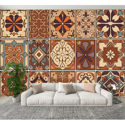 Peel and Stick Wallpaper Vintage Mediterranean Ceramic Tile Ornate Floral Geometric Earthy Wall Murals 100"H x 144"W Removable PVC Wall Paper Self-Adhesive Wall Decor for Bedroom Living Room Home Office