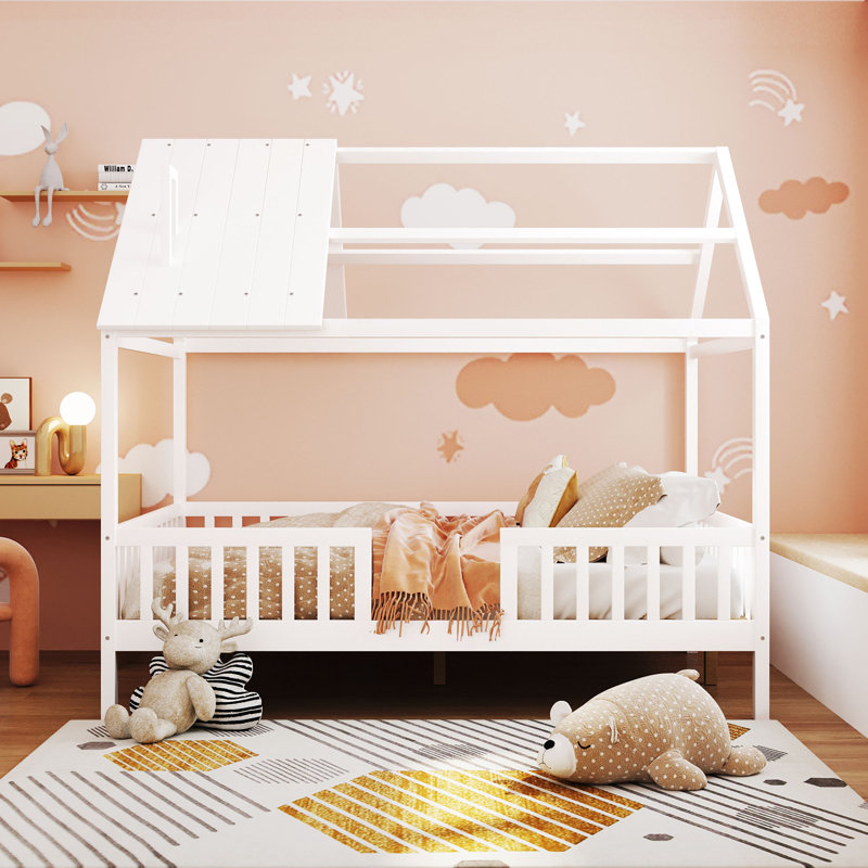 Wood House Bed With Fence, White, Full