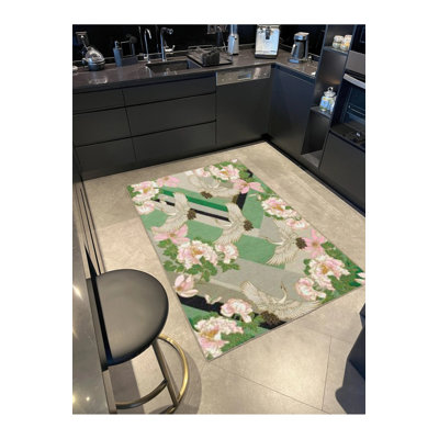 Green Bird Wavy Patterned Washable Decorative Carpet