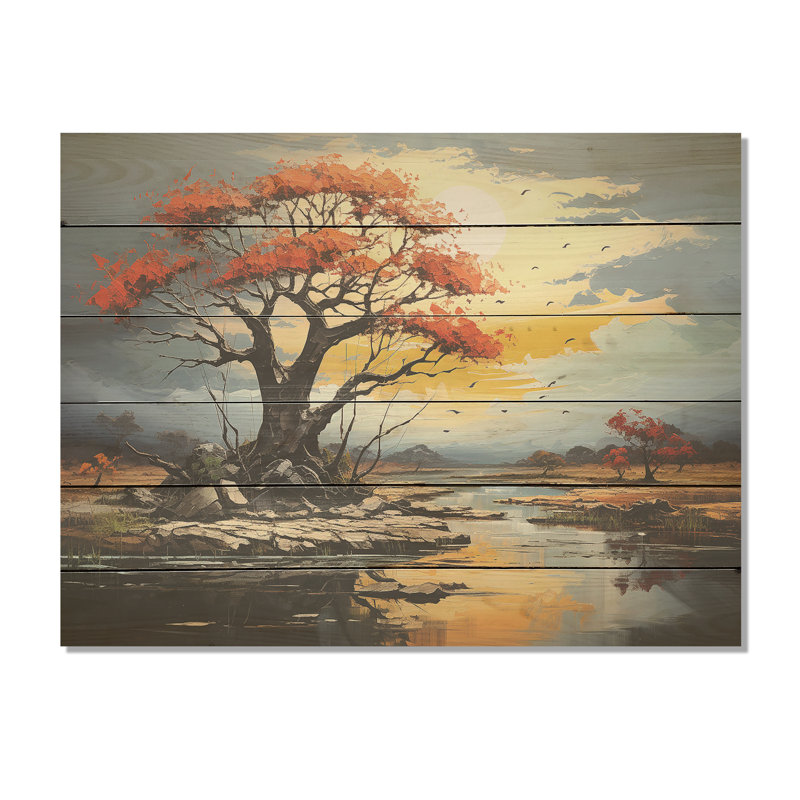 Baobab rouge, paysage, arbre, baobab, art sur bois de pin naturel, H 10 po x l 20 po