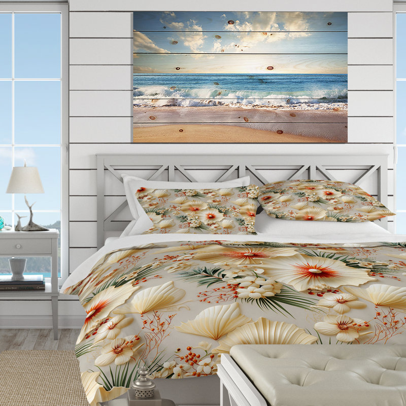 Seashell Serenity Tropical Pattern Floral Duvet Cover, Queen Duvet Cover + 2 Standard Shams