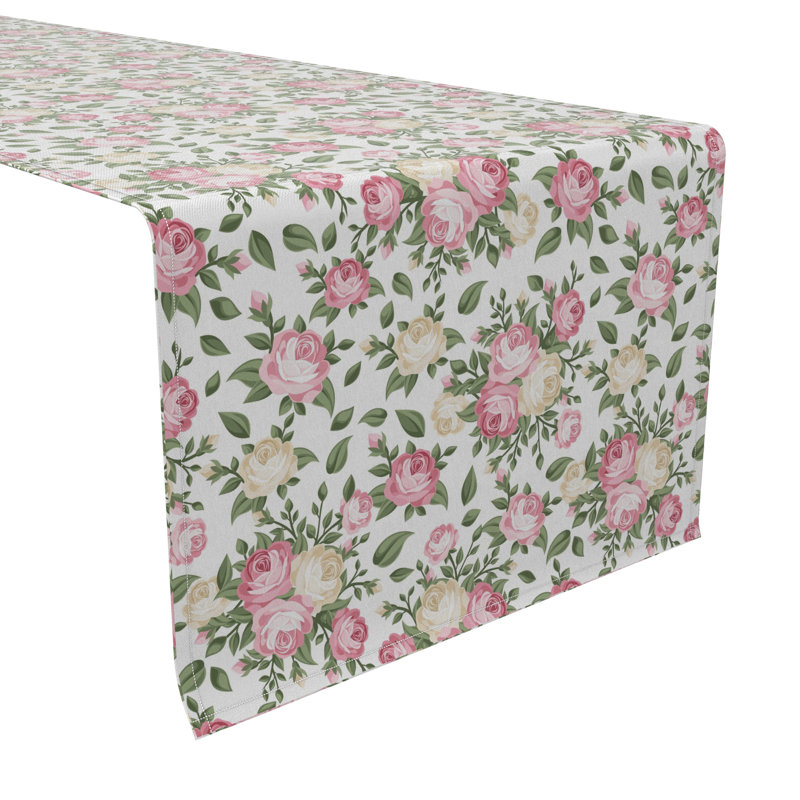 Table Runner, 100% Cotton, 16X90", White And Pink Rose Bunches