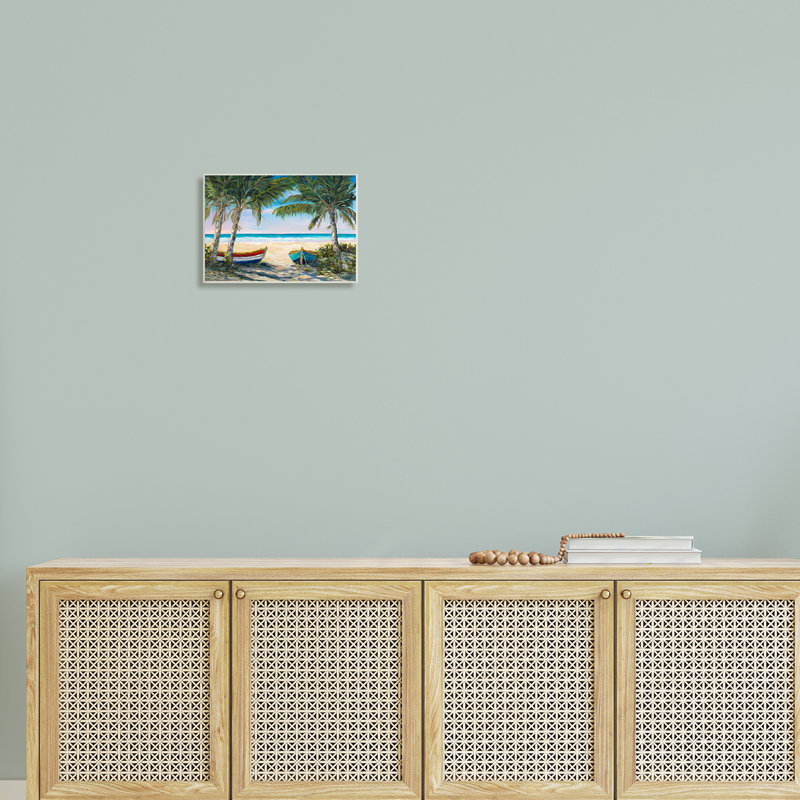 Canots à rames sur la plage, palmiers tropicaux, Plaque murale, H 10 po x l 15 po x P 0,5 po