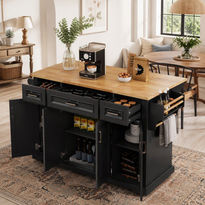 54inch Large Kitchen Island with Rubber Wood Drop Leaf, Embossed Texture Rolling Kitchen Cart on 4 Wheels with 4 Doors and 3 Drawers, Kitchen Island w