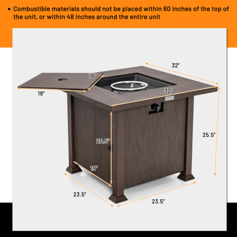 Foyer de table carré brun 50 000 BTU, foyer extérieur 32 po avec couvercle et pierres de lave