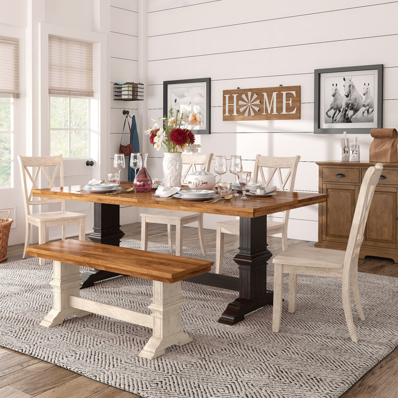 Fortville 78" Solid Wood Oak Finish Top Dining Set With X-Back Chairs - 7-Piece, Antique Black Base Table, Antique White Base Chairs And Bench