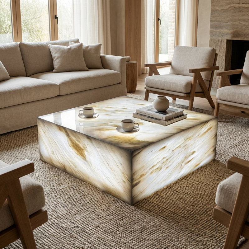 Natural Marble Square Coffee Table - Modern Luxury With Dimmable Led Glow, 16" H x 36" W x 36" D