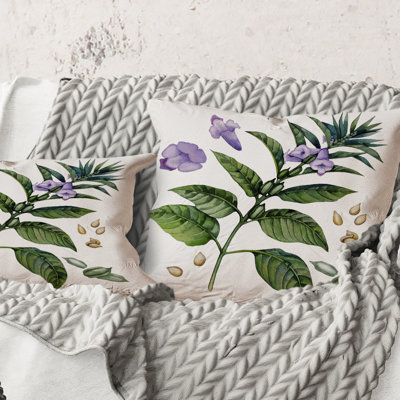 Carré, fleurs de sésame mauves avec feuilles vertes - coussin décoratif traditionnel