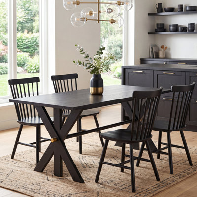 Modern Farmhouse Dining Table Set, 78''Double Trestle Dining Table and Solid Wood Windsor Dining Chair for Kitchen/Dining Room