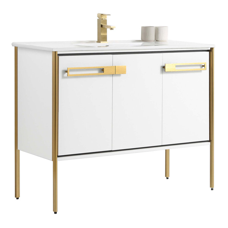 Meuble-lavabo simple 42 po, Blanc mat, Laiton satiné