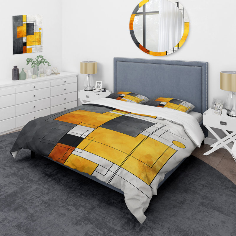 Yellow And Grey Geometric Fusion 6 - Abstract Geometric Duvet Cover Set, King Duvet Cover