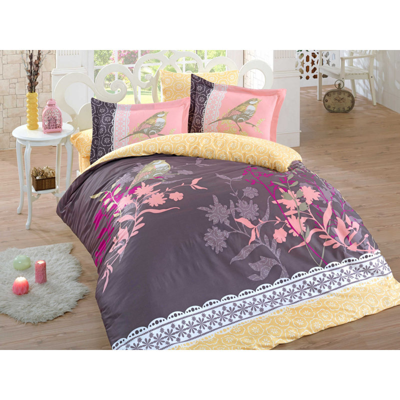 Ensemble de housse de couette 100% coton brun / moutarde / rose Shumake 6 pièces