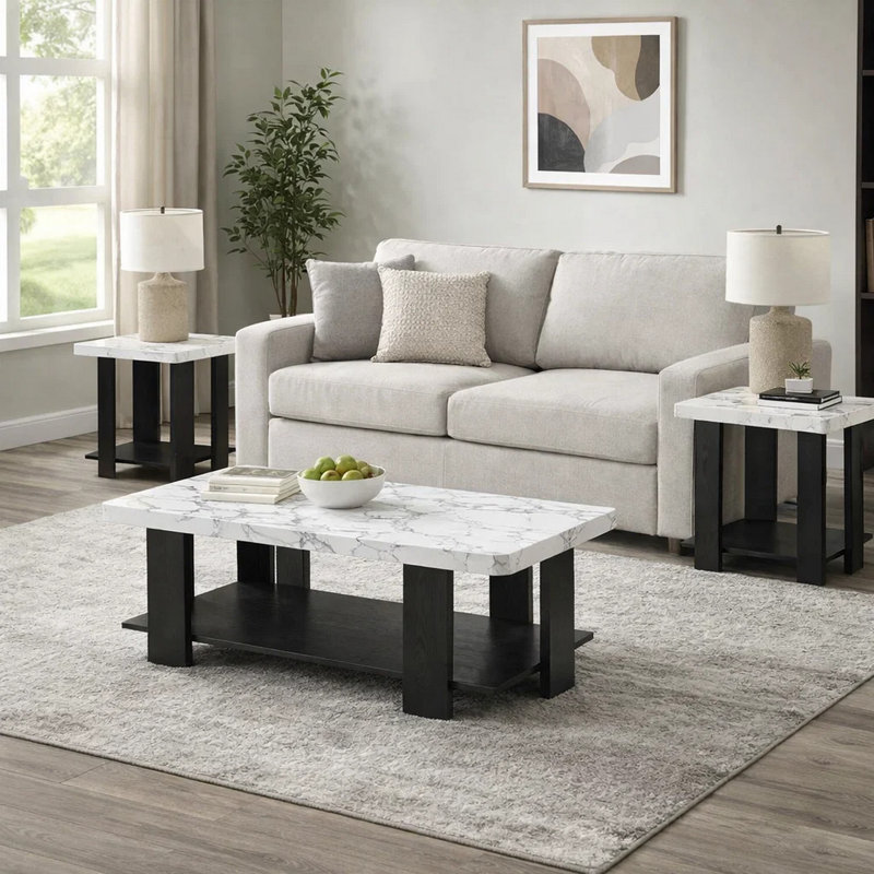 Ensemble de table basse et de table de bout 3 pièces Bexy, plateau en faux marbre blanc, tablette noire