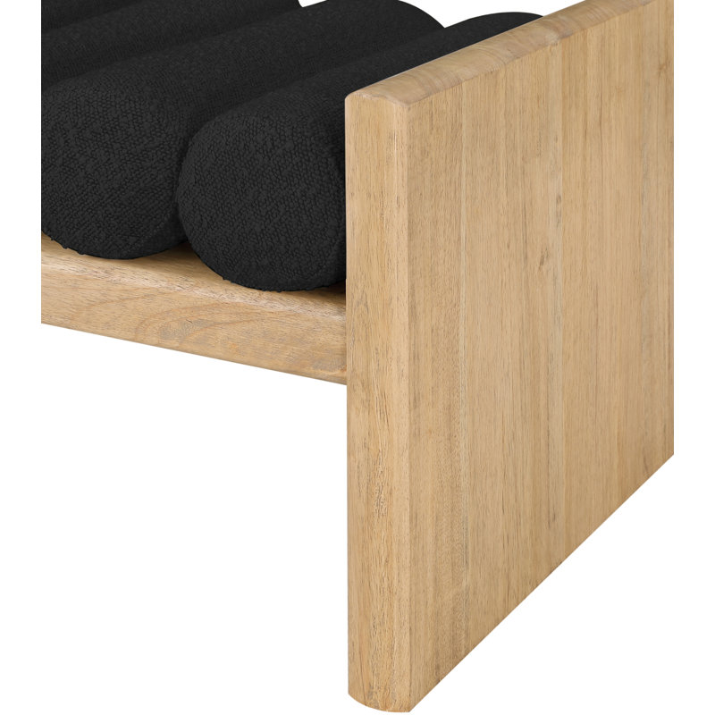 Banc en bois Boucle, Tissu noir bouclé / finition naturelle, H 18 po x l 52 po x P 19 po