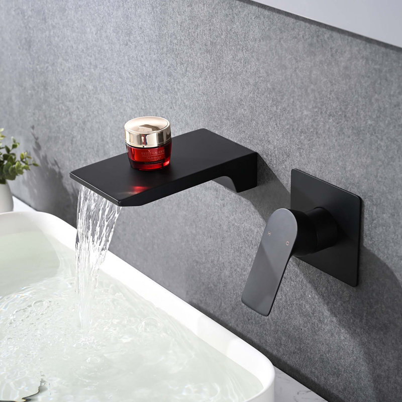 Wall Mount Single Handle Bathroom Sink Faucet with Waterfall Spout Brass Rough-in Valve Included, Matte Black