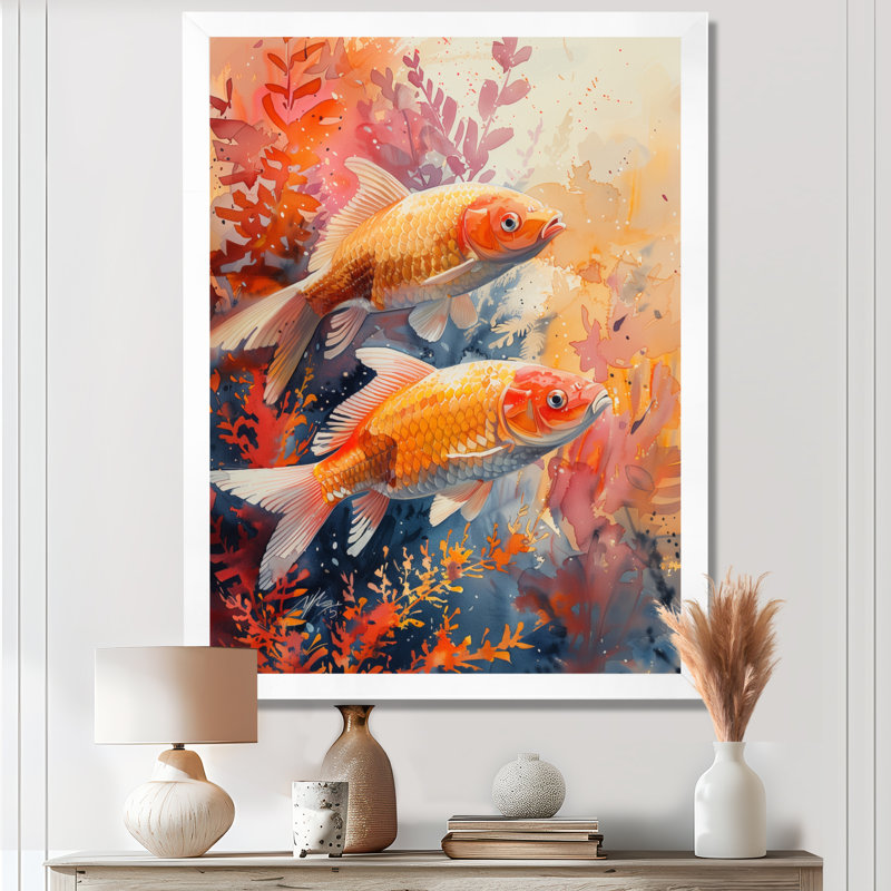«Orange Coral Marine Koi Fish Magic», impression d'art mural de corail, White Floater Framed, H 12 po x l 20 po