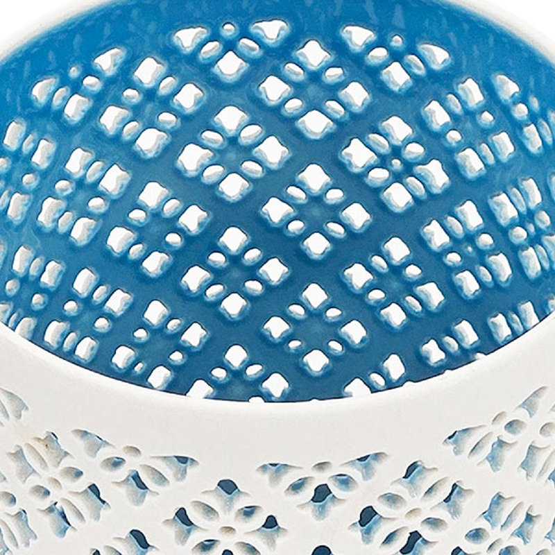 Ceramic Candle Holders - Set of 2, White/Blue