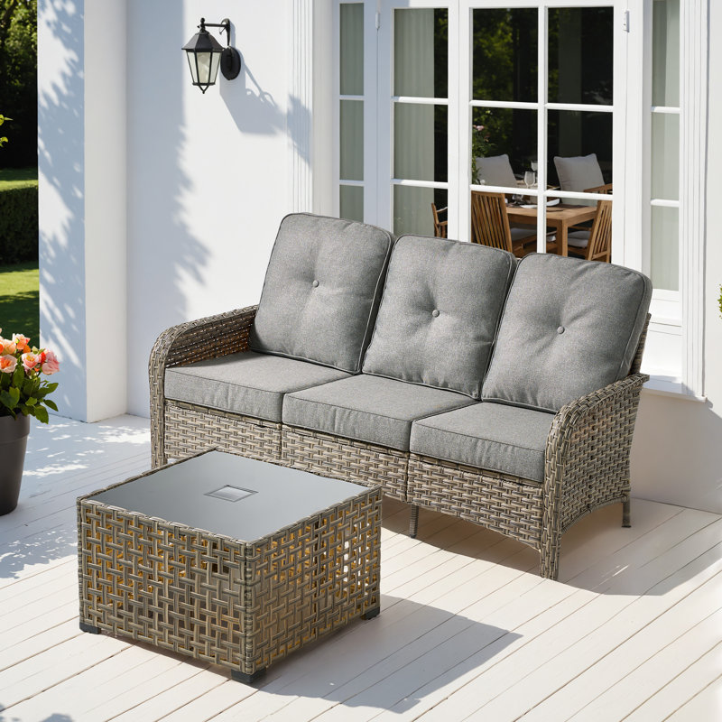 Ensemble de conversation à 3 places pour canapé en osier / rotin avec table basse lumineuse et coussins Emroy, Gris