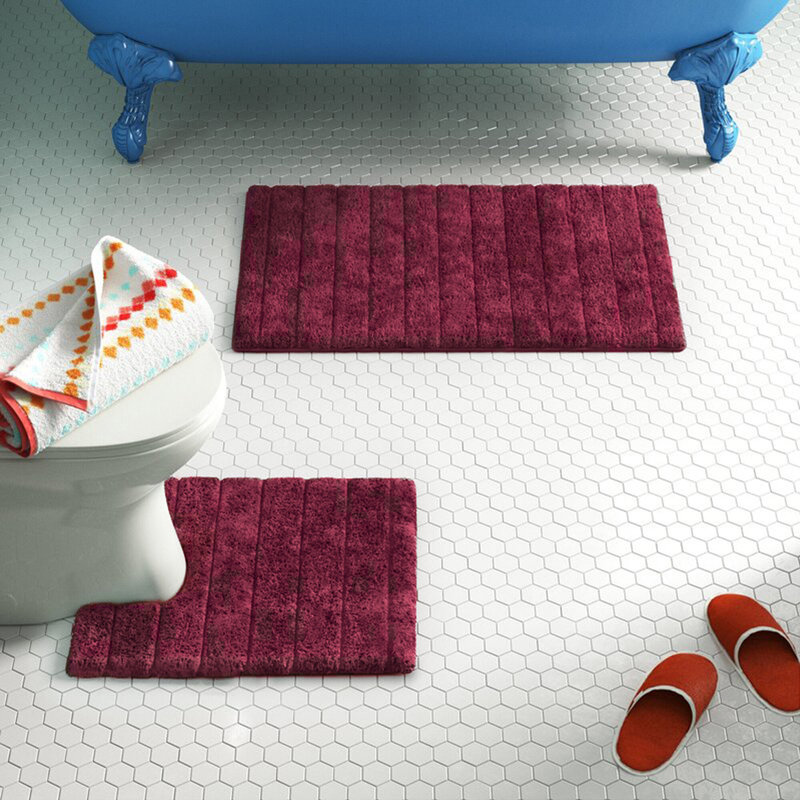 Linear Ribbed Two Piece Bath Mat Set, Beetroot
