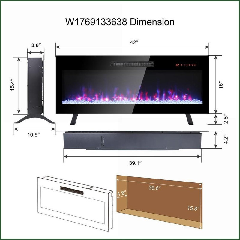 Electric Fireplace 42 Inch Ultra Thin Recessed Wall Mounted with Remote, Multi-Color Flame &amp; LED Heater | Tempered Glass+Sheet Metal+Plastic | Electric
