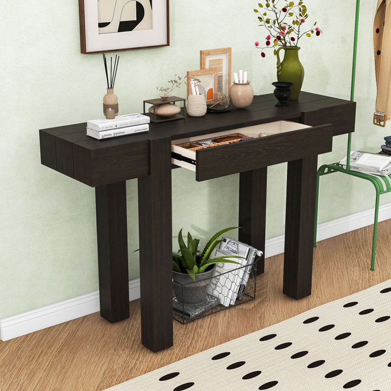 Table d'entrée de style campagnard contemporain en bois avec ports de chargement, tiroir de rangement caché, Espresso