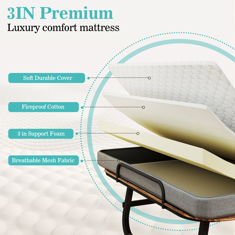 Berus Folding Bed with 3'' Memory Foam Mattress, Portable Foldable Bed for Adults, Roll Away Bed Guest Bed on Wheels, Fold Up Bed