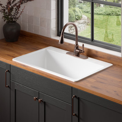 Jackson 33" Crisp White Fireclay Drop-In Single Bowl Kitchen Sink with 3 Faucet Holes