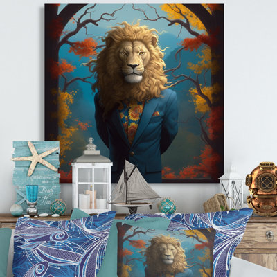 Décoration murale en métal jaune lion bleu en costume - animaux lion
