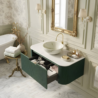Meuble-lavabo 36 po, armoire de salle de bain en contreplaqué rayé à bords arrondis avec tiroir, vasque en céramique blanc mat et plateau en pierre frittée, pré-assemblé, couleur vert foncé