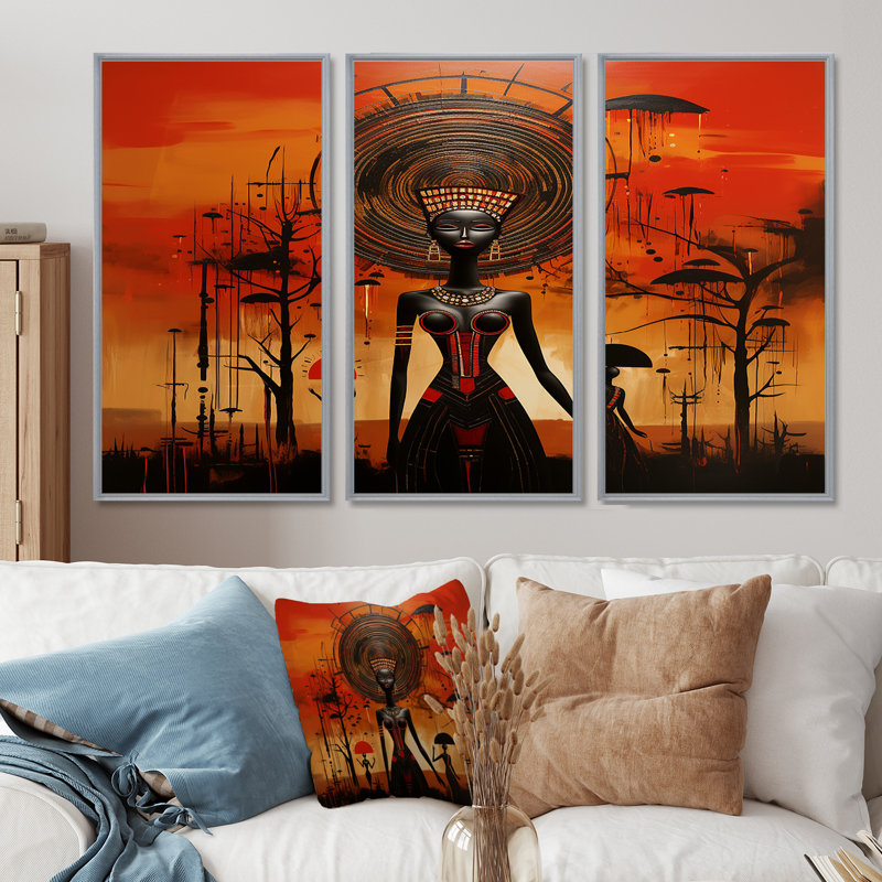 Pleine lune, déesse, paysage abstrait minimal - ensemble d'art mural africain, H 40 po x l 60 po x P 1 po