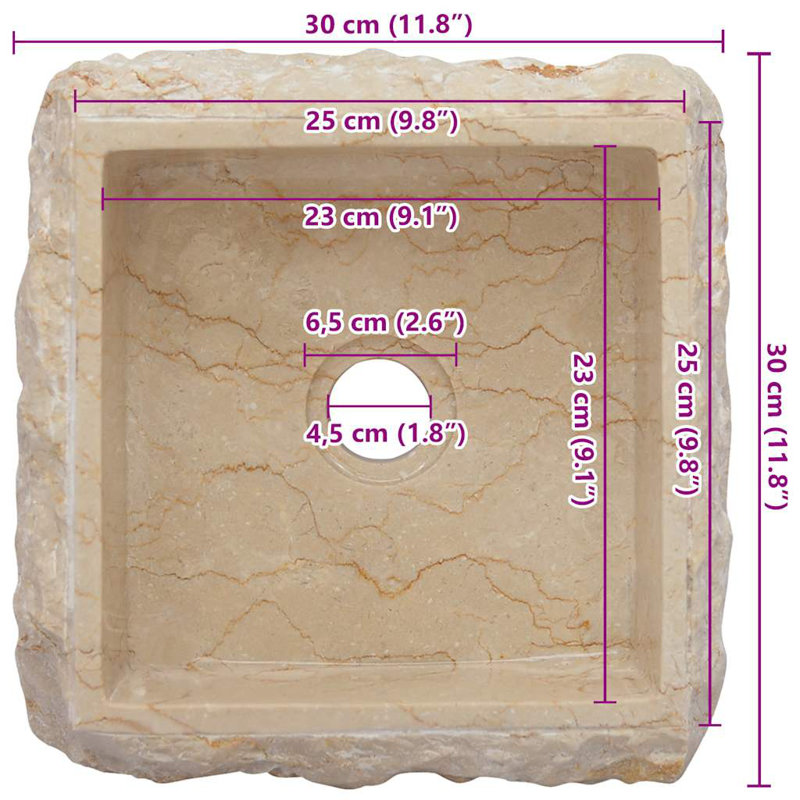 Lavabo de salle de bain, lavabo de comptoir, forme naturelle, carré de marbre crème 11,8 po x 11,8 po x 5,1 po, Beige